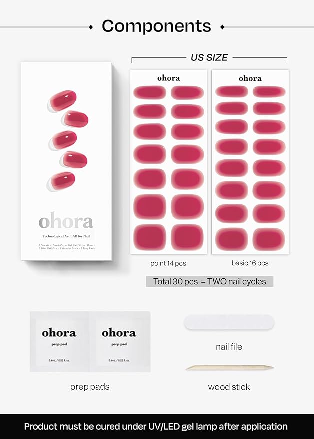 ohora Semi Cured Gel Nail Strips (N Hibiscus Jelly) - Works with Any Nail Lamps, Salon-Quality, Long Lasting, Easy to Apply & Remove - Includes 2 Prep Pads, Nail File & Wooden Stick