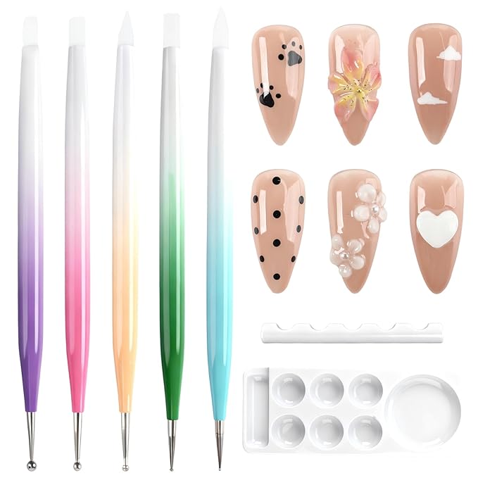 ANGNYA 5PCS Nail Dotting Tools Nail Art Sculpture Pen with Nail Holder and Palette, Double Ended Nail Design Kit Silicone Pen for Carving Drawing Effect Shaping Drawing Nail Tools for Home Salon