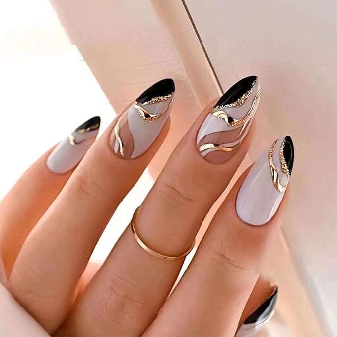 Almond Press on Nails Medium Fake Nails White False Nails Press ons with Designs White Black Glue on Nails Glossy Full Cover Acrylic Artificial Stick on Nail for Women Decorations 24Pcs