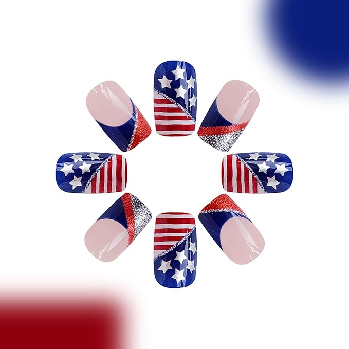 Independence Day Medium Square Press on Nails Patriotism Fake Nails with Sliver Glitter Designs USA Flag Stick on Nails Glossy Acrylic Nails Full Cover Artificial False Nails for 4th of July 24Pcs