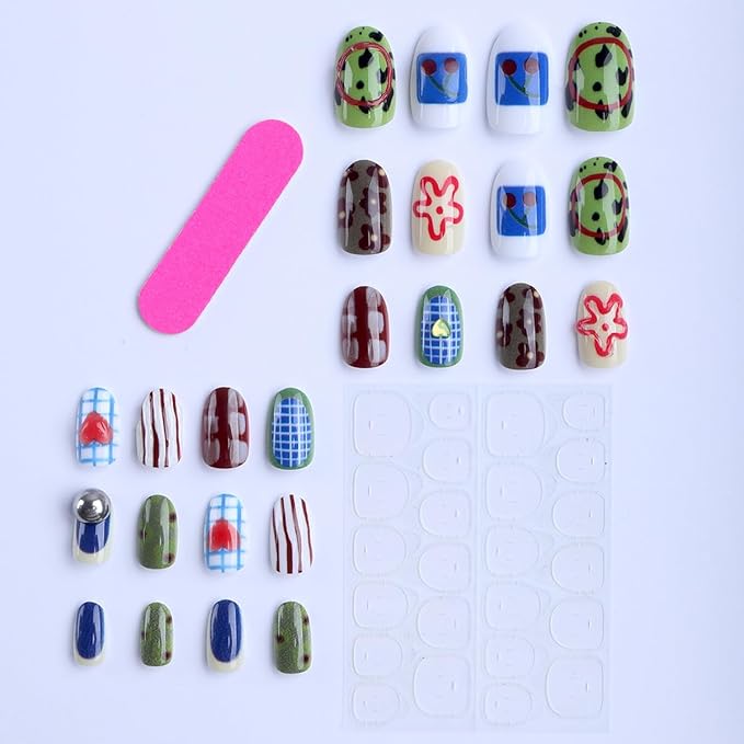 Colorful Press on Nails Short Oval Fake Nails Cute Nails Press ons with Design,Reusable Artificial Nails Full Cover Stick on Nails for Women Manicure 24Pcs