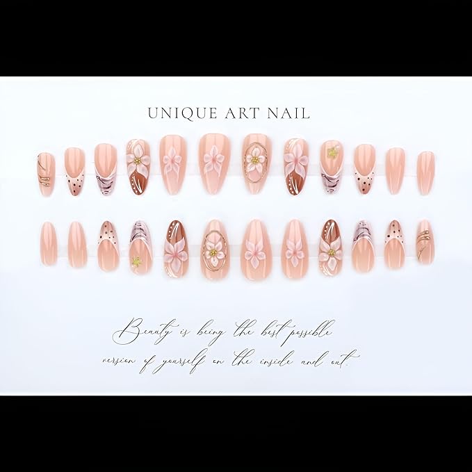 French Tip Fake Nails Medium Almond Press on Nails Embossed Flower Nails Press Ons Polka Dot False Nails Nude Glossy Glue no Nail Gold Line Acrylic Stick on Nail for Women Decoration 24Pcs