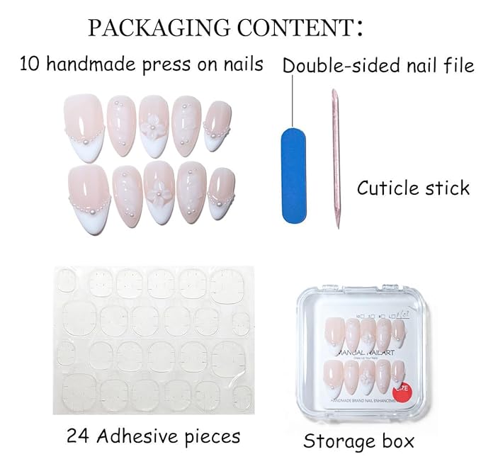 10 Medium Almond Handmade Press On Nails | Light Nude Pink French White Tip Fake Nails with Pearl, 3D Floral & Soft Swirl Accents | Skip Salon Trips, Easy to Apply & Remove, Reusable (251217, XS)