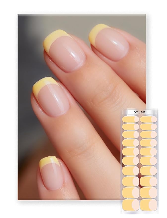Semi Cured Gel Nail Strips | Built-In Gel Top Coat | UV Light Required | Salon Quality, Easy Application And Removal (Sunshine French）