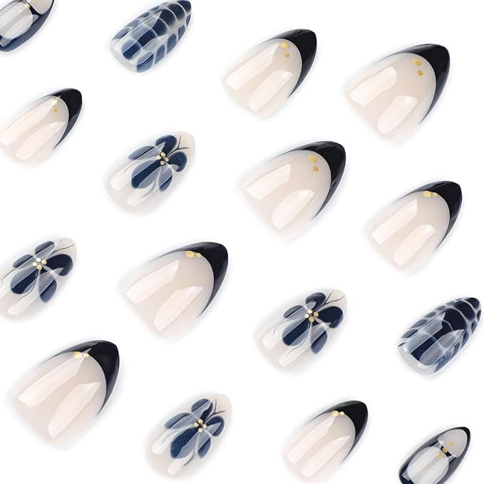 French Short Almond Press On Nails, Nude Fake Nails with Black Floral & Crocodile Texture Detail, Glossy Gel Finish Acrylic Nails, Daily/Party Reusable Glue On Nails Kit for Women, 24Pcs