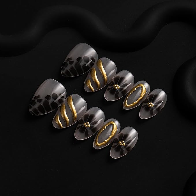 24Pcs Brown Flower Press on Nails Leopard Fake Nails Medium Almond False Nails with Gold Design Brown Flower Acrylic Nails Irregular Stick on Nail Artificial Full Cover False Nail for Women