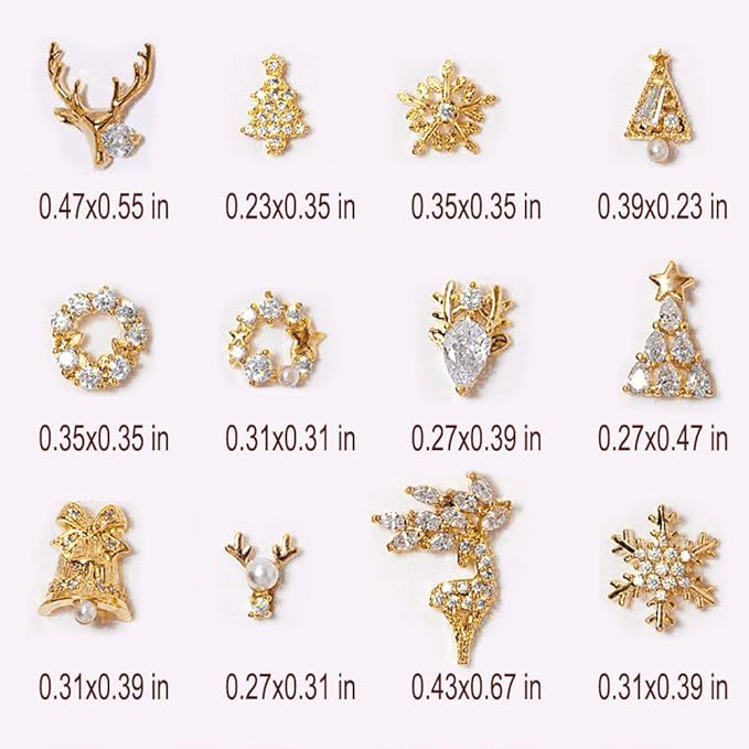 24pcs Luxury Zircon Christmas Nail Charms - 3D Snowflake, Elk, Xmas Tree, Garland Decorations - Gold Art Rhinestones Gems for Nails