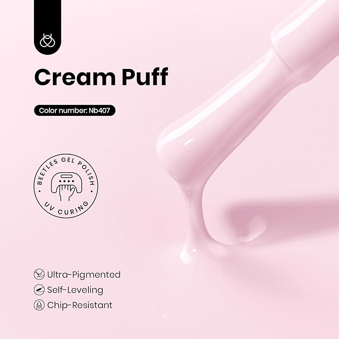 Beetles Pink Gel Polish - Hema Free Cream Puff 8ML/0.27Fl Oz, Pastel Light Pink Gel Nail Polish, Soak Off UV LED Lamp Nail Art, Long-Lasting Manicure Salon DIY Home Easter Spring Nails