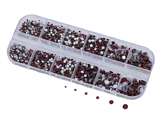 Over 2100 Pieces Red Ruby Garnet Flat Back Glass Rhinestones Crystals for Nail Art Kit 6 Sizes (1.4mm - 4.8mm)