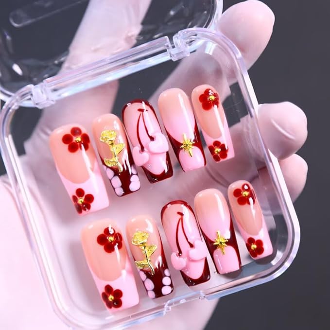 10Pcs Press On Nails Square Shape Hnadmade Fake Nails, Pink French Love Acrylic Nails, Reusable Artificial Gold Plated Decoration Square False Nails for Women (Size S)