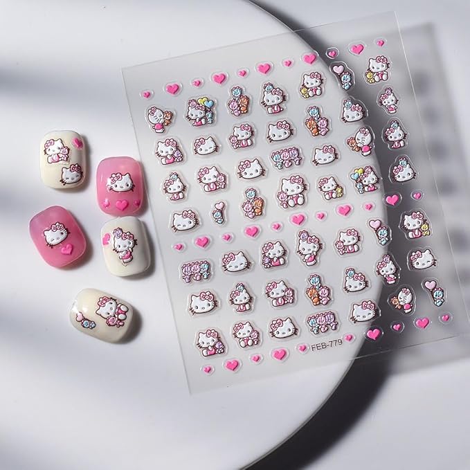 Pink Nail Stickers 5D 3D Embossed Kawaii Japanese Nail Art Sticker Decals for Women Girls Kids DIY Self Adhesive Nail Stickers Cute Pink Nail Decoration for Manicure Design