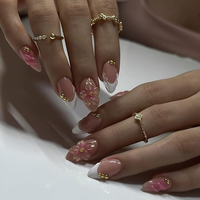 White French Tip Press on Nails Medium Almond Fake Nails Flower Glue on Nails with Gold Rhinestones Design Glossy Nails Press Ons Gradient False Nails French Tip Stick on Nails for Women 24Pcs