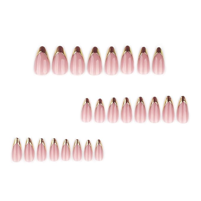 French Almond Press On Nalis Medium, Nude Fake Nails with Elegant Gold-Edged French Tip Design, Glossy Gel Finish Acrylic Nails, Reusable Glue On Nails for Women, Natural Stick On Nails Kit