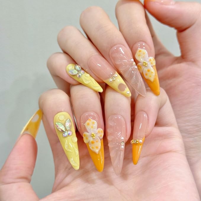Extra Long Press on Nails Handmade Almond Nails with Glue,Nude Thick False Nails with Luxury Rhinestone 5D Flower Art Design Muti-Layer Gel Nail Press ons Handmade False Nails for Women (Size S)