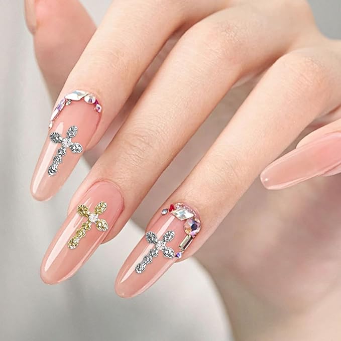 3D Cross Nail Charms, 40 Pcs Gold Silver Crystal Cross Nail Decorations for Nail Art, Metal Nail Rhinestones Cross Charms for DIY Design and Jewelry Making (Gold + Silver)