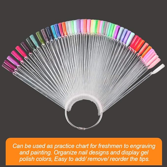 JASSINS 100 Pcs Clear Fan-shaped False Nail Swatch Sticks Nail Polish Practice Display Art Tips Nail Sample Sticks With Metal Split Ring