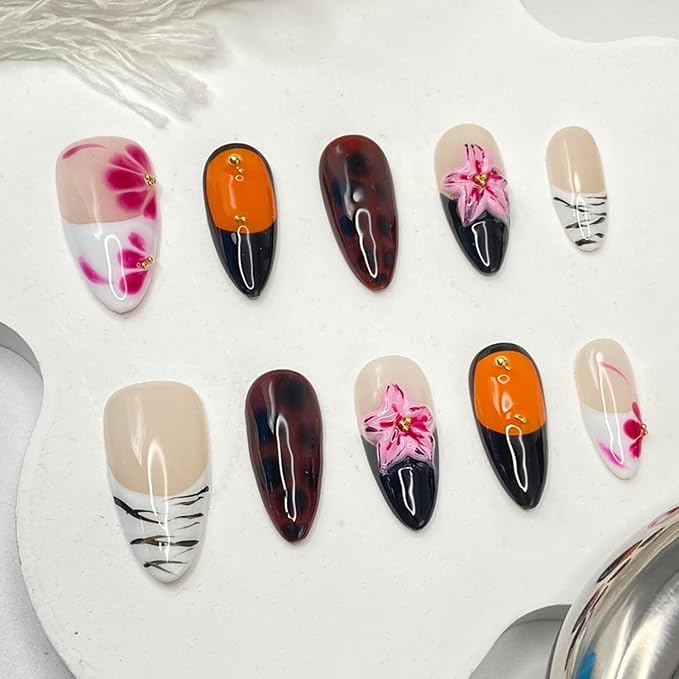 Handmade Press on Nails Medium Almond Fake Nails with Leopard Print and Flower Designs Acrylic Nails Full Cover Flower Press on Nails for Women Decorations (Size S)