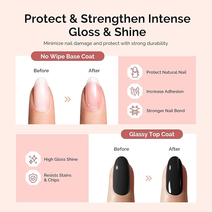 MelodySusie UV Nail Lamp No Wipe Glossy Top Coat Base Coat Builder Gel Set