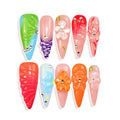 Handmade Press On Nails Long Stiletto Fake Nails Glue Stick On Nails with Flowers Bling Rhinestones