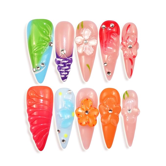 Handmade Press On Nails Long Stiletto Fake Nails Glue Stick On Nails with Flowers Bling Rhinestones
