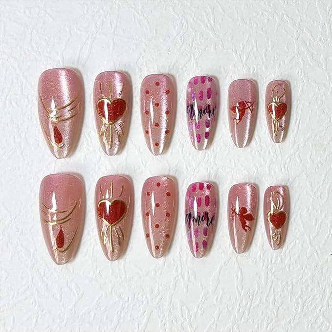 Valentines Nails Press Ons - Valentines Press On Nails Almond Medium Pink Fake Nail With Gilded Heart Cat-Eye Designs Acrylic Artificial Glue On False Stick On Nails for Women Girls