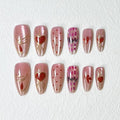 Valentines Nails Press Ons - Valentines Press On Nails Almond Medium Pink Fake Nail With Gilded Heart Cat-Eye Designs Acrylic Artificial Glue On False Stick On Nails for Women Girls