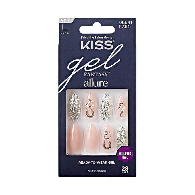 KISS False Nails Kit, Gel Fantasy Allure Ready to Wear Sculpted Nails, Stick and Glue Included, Long Length, Almond Shape with 3D Accent, Long-Lasting Hottest Trend Glue on Nails