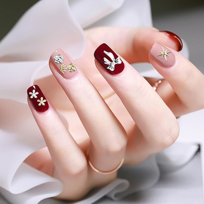 Gold Silver 3D Nail Charms, 2Boxes 24Grids Bow Star Nail Gems Nail Studs,Punk Metal Alloy Rivet Stickers Bowknot Nail Art Decorations Accessories for Nail Art Design DIY Crafts (Gold Silver B)