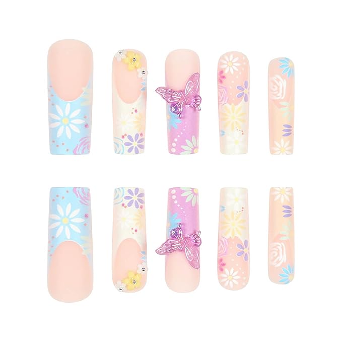 Extra long Press on Nails Xl Square Fake Nails French Tip Nails Press ons Glue on Nail wtih Flower Design False Nails 3D Butterfly Acrylic Spring Summer Artificial Nail for Women and Girls