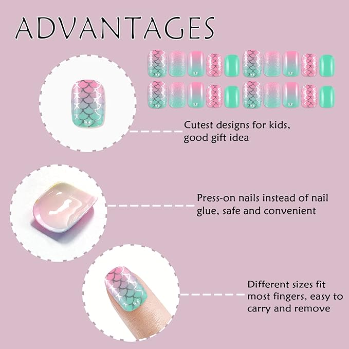 Laza 64pcs Children Nails Press On Pre-glue Full Cover Pink Green Blue Scale Shell Star Diamond Short False Nail Kits for Kids Teenager Girls - Pearl Mermaid