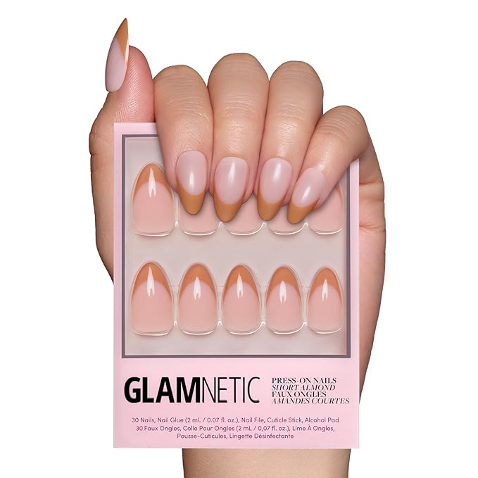 Glamnetic Press On Nails - Café Crème | Semi-Transparent Light Brown French Tip Short Almond Fake Nails in a Glossy Finish, Salon Quality | 15 Sizes - 30 Nail Kit