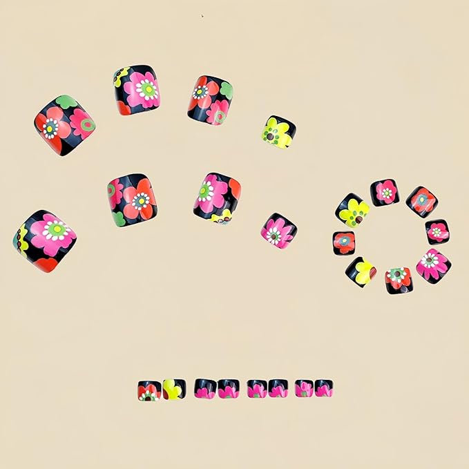 Colorful Flower Press on Toe Nails Short Square Fake Toenails Summer Daisy Floral Glossy Acrylic Artificial Full Cover Black False Stick on Toenails for Women Toenails Decoration 24Pcs