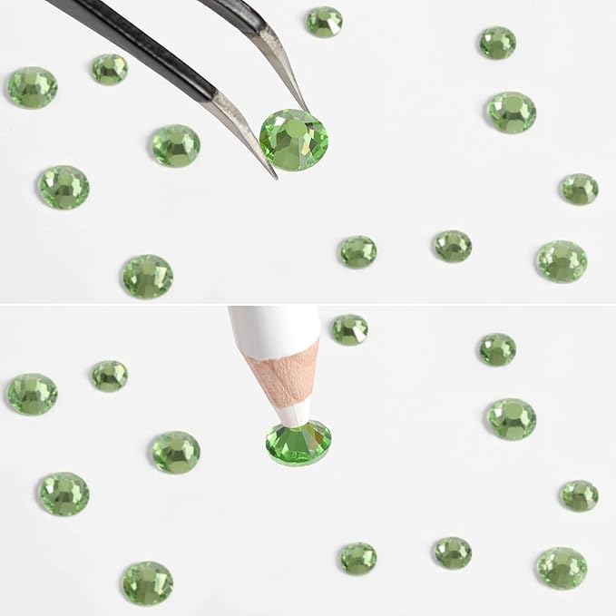 Beadsland Rhinestones for Makeup,8 Sizes 2500pcs Light Green Flatback Rhinestones Face Gems for Nails Crafts with Tweezers and Wax Pencil,Peridot,SS4-SS30
