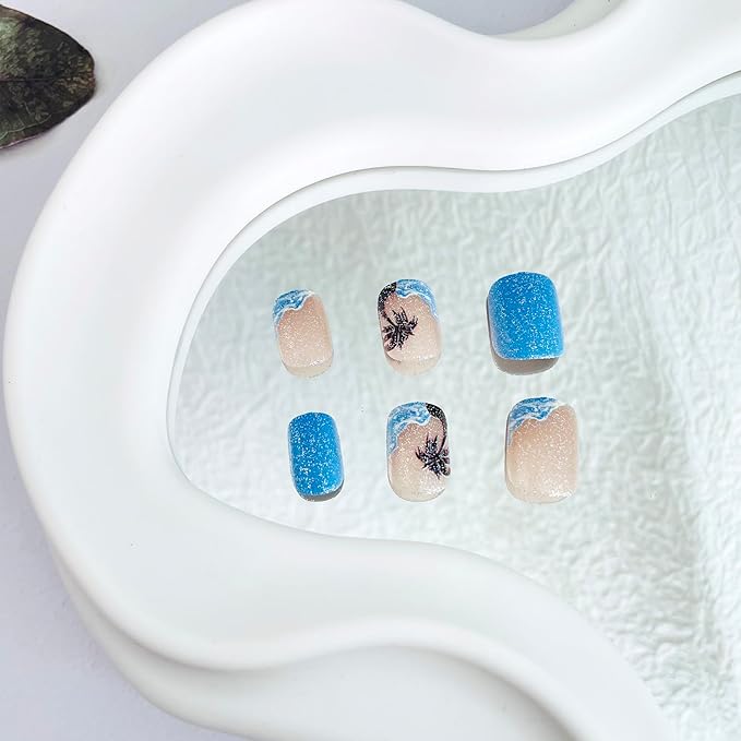 Blue French Tip Press on Nails Short Square Fake Nails with Designs Ocean Sea Waves Glue on Nails Coconut Tree Acrylic Nails Summer Artificial Nails Glitter Full Cover Stick on Nails for Women