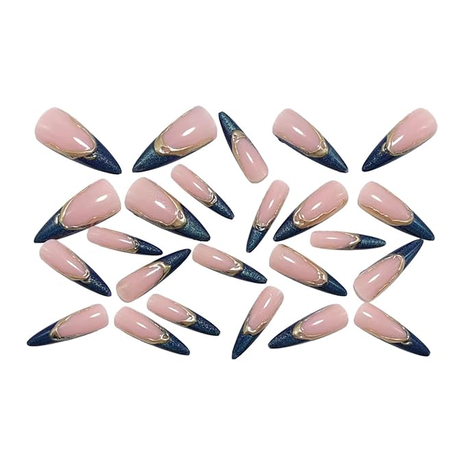 Medium Long Stiletto Press On Nails Nude Pink with Blue Glitter French Tip Gold Outline 24 Pcs Fake Nails with Adhesive Tabs No Nail Glue