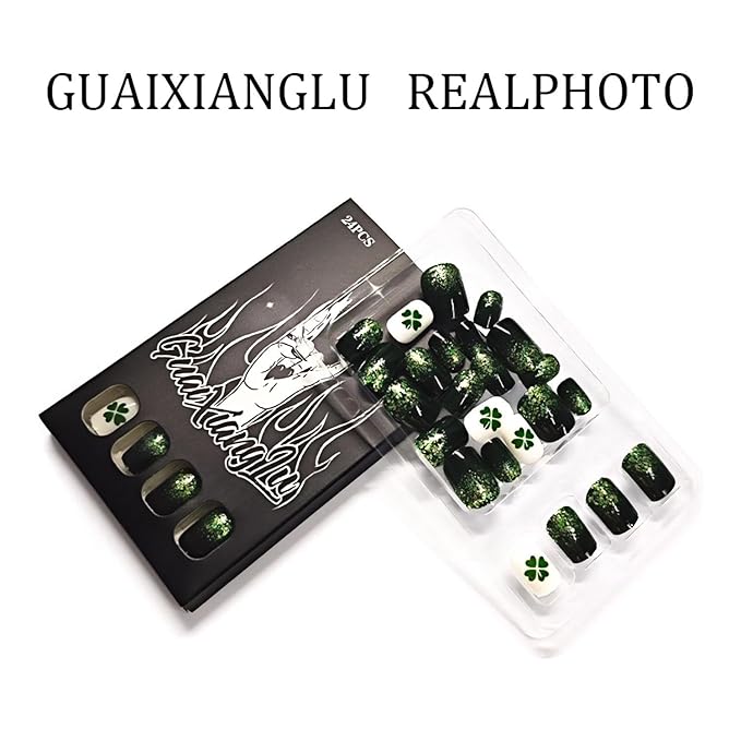 St. Patrick's Day Press on Nails Medium Almond Fake Nail with Winter Green Four-Leaf Clover Designs False Nails Press Ons Stick on Nails Gift for Women 24pcs