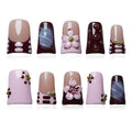 Handmade Duck Press on Nails, 3D Luxury Rhinestone Flower Design French Dark Brown Fake Nails Short Duckbill-shaped False Nails for Women Nail Art DIY (Blush Mauve Flower Waltz,L)