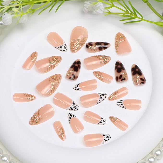 Short Press on Nails Almond Fake Nails with Chrome Leopard Flower Designs French Tip Nails Press ons Glossy Glue on Nail Brown White Gold Acrylic Nail Fall Stick on Nail for Women 24 Pcs