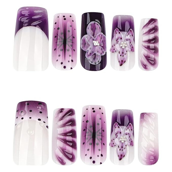 3D Press on Nails Long Square Dark Purple Fake Nails with Flower Design French Tip False Nails Full Cover Glossy Stick on Nails for Women Manicure 24PCS