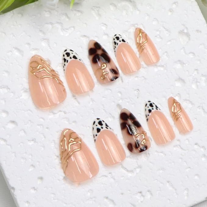 Short Press on Nails Almond Fake Nails with Chrome Leopard Flower Designs French Tip Nails Press ons Glossy Glue on Nail Brown White Gold Acrylic Nail Fall Stick on Nail for Women 24 Pcs
