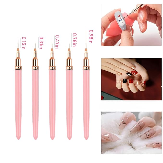 5Pcs Metallic Nail Art Liner Brush Set, UV Gel Polish Painting Tools for Long Lines, Thin Details, Fine Drawing, Sizes 4/8/12/20/25mm (Pink)