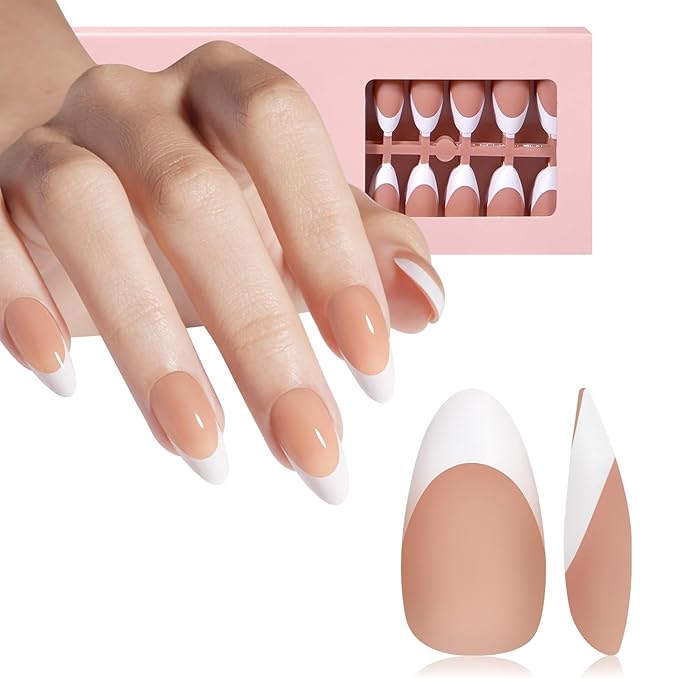 AILLSA French Gel Nail Tips,180 Pcs French Tip Press On Nails Medium Almond, Pre-Applied Primer & Base Coat, No Need File, Almond Fake Nails Press ons with Designs 15 Sizes