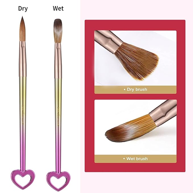 3Pcs Professional Acrylic Nail Brush Set, Size 8/10/14, Gradient Handle Heart-Shaped Nail Brushes for Acrylic Application Powder & Nail Extension, 3D Nail Carving Tools for DIY Home Salon