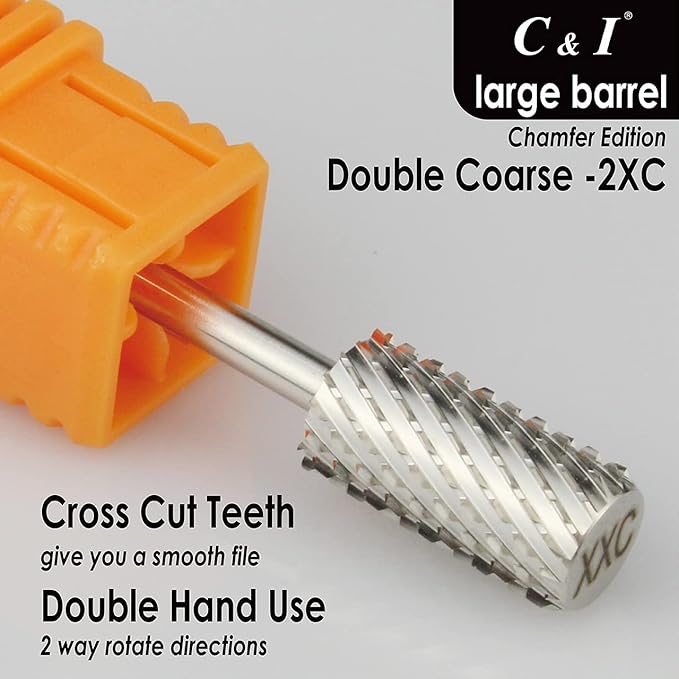 C & I Large Barrel Nail Drill Bit, Chamfer Edition, Professional E-File for Nail File Machine, Designed to Remove Nail Gels, Acrylics, and other nail color covers 3/32” (Double Coarse - 2XC)