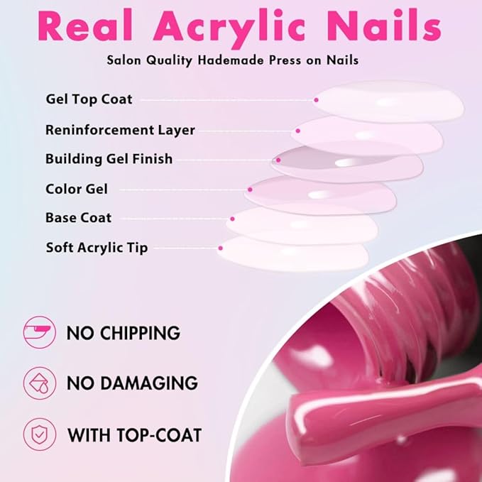 Rose Pink Press on Nails - Almond Shaped Medium Length Neutral Acrylic Reusable Fake Nails for Women Girls - Glue on Stiletto False Nails - Soft Gel Artificial