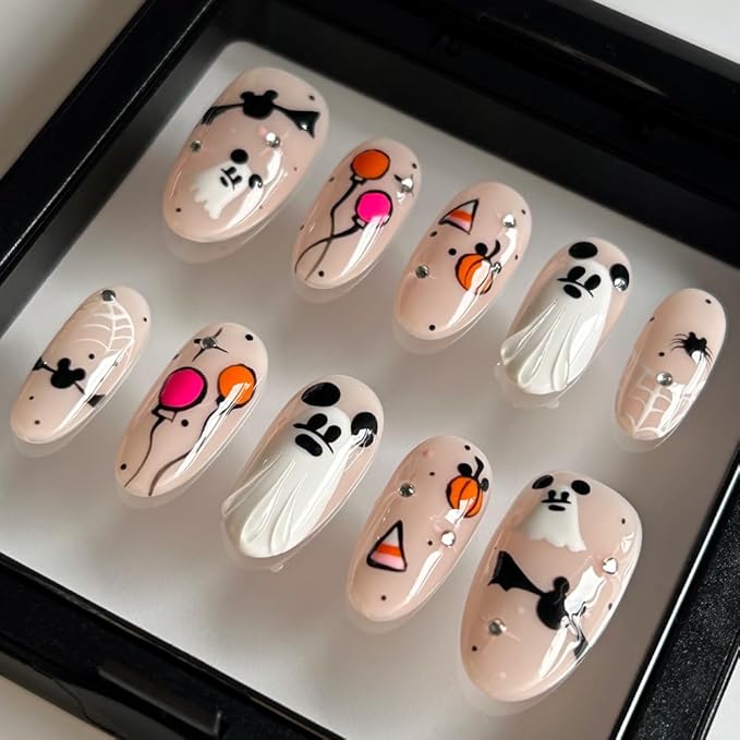 Press On Nails Handmade Medium Length Oval Fake Nails, Painting Cute Ghosts Design,10 Pcs Reusable ABS Material Finger Painting Fingernail Tip Salon Artificial Nails Kit (Size M）