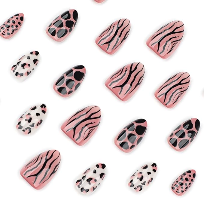 Short Almond Press on Nails Wild Animal Print Mix Fake Nails Fall Nails Press ons with Zebra Stripes,Leopard Spots and Giraffe-like Patterns Design,Reusable | Artificial | Easy Apply | 24Pcs