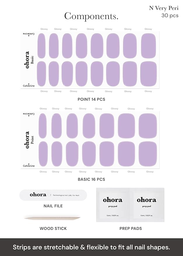 ohora Semi Cured Gel Nail Strips (N Cream Very Peri) - Purple, Solid, Works with UV/LED Lamps, Salon-Quality, Long Lasting, Easy to Apply & Remove - Includes 2 Prep Pads, Nail File & Wooden Stick