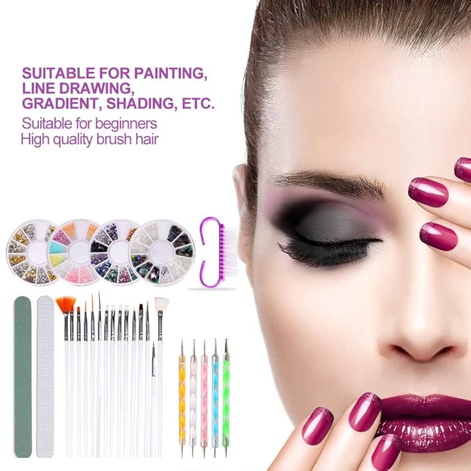 Nail Art Brushes Set, Nail Art Kit, Nail Design Kit with Nail Dotting Tools, Nail File Nail Buffer, Nail Charms and Gems, Rhinestones for Nails, Nail Dust Brush, Nail Design Tools for Home DIY Salon