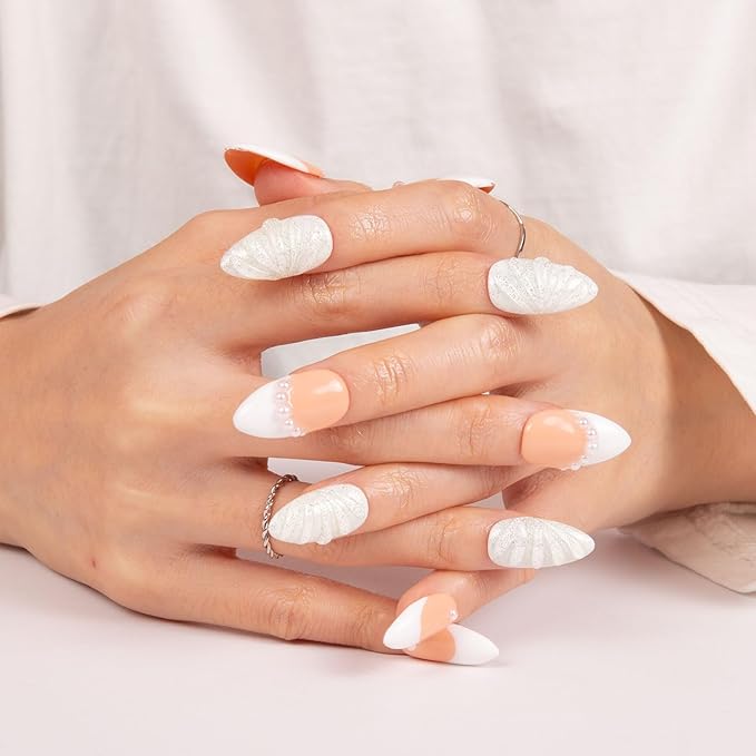 LOVFUL Press on Nails As Angel French Tip | Handmade with Full Covered Crystals | Reusable Fake Nails | Almond Regular 1.0 in | H275-S